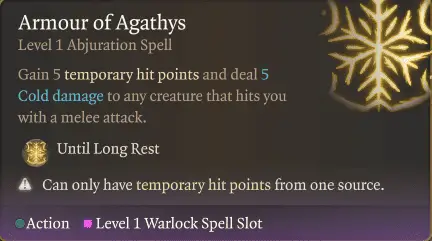 BG3 Warlock lvl1 spell Armour of Agathys