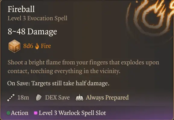 BG3 Warlock lvl3 spell lvl3 Fireball