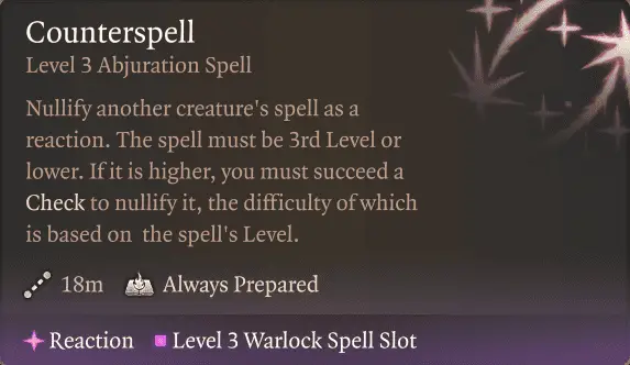 BG3 Warlock lvl3 spell lvl3 Counterspell