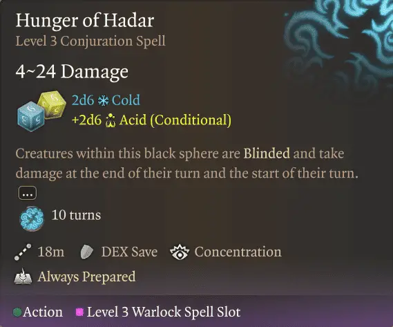 BG3 Warlock lvl3 spell lvl3 Hunger of Hadar