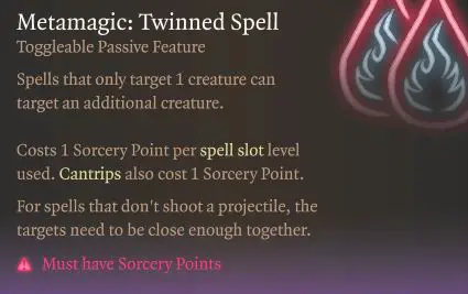 BG3 Sorcerer Class Passive Metamagic Twinned Spell